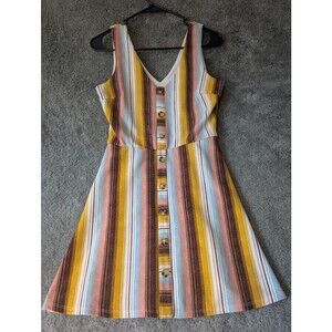 IZ Byer Striped Vibrant Sundress Sleeveless V Neck Size M Button Front A Line